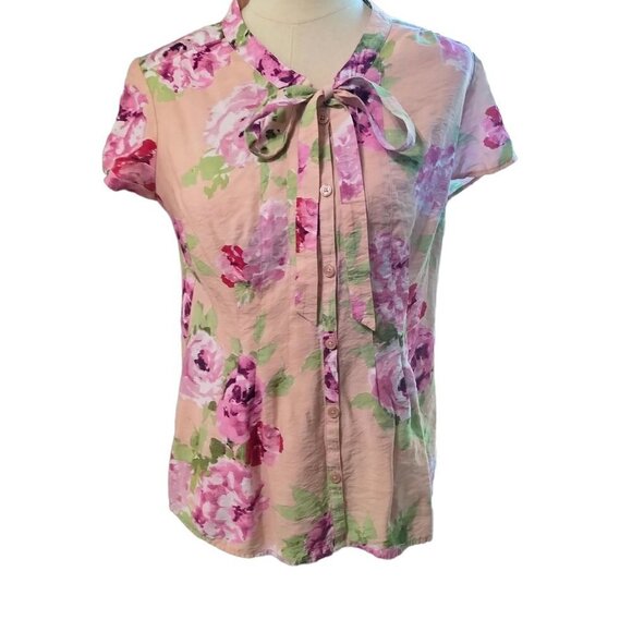 (854)Van Heusen Studio Blush Pink Button Front Floral Print Top Size L - Picture 2 of 8